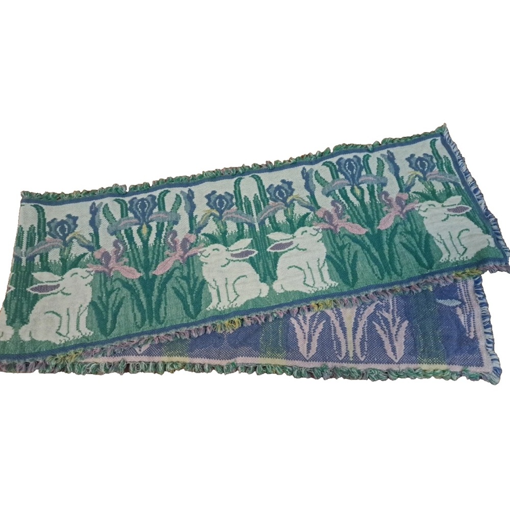 Floral Bunny Tapestry Table Runner - Green and Blue